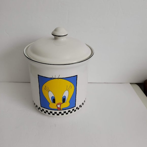 Vintage Tweety Bird Looney Tunes Warner Bros Cookie Jar White Black Check 1993 - Picture 2 of 11